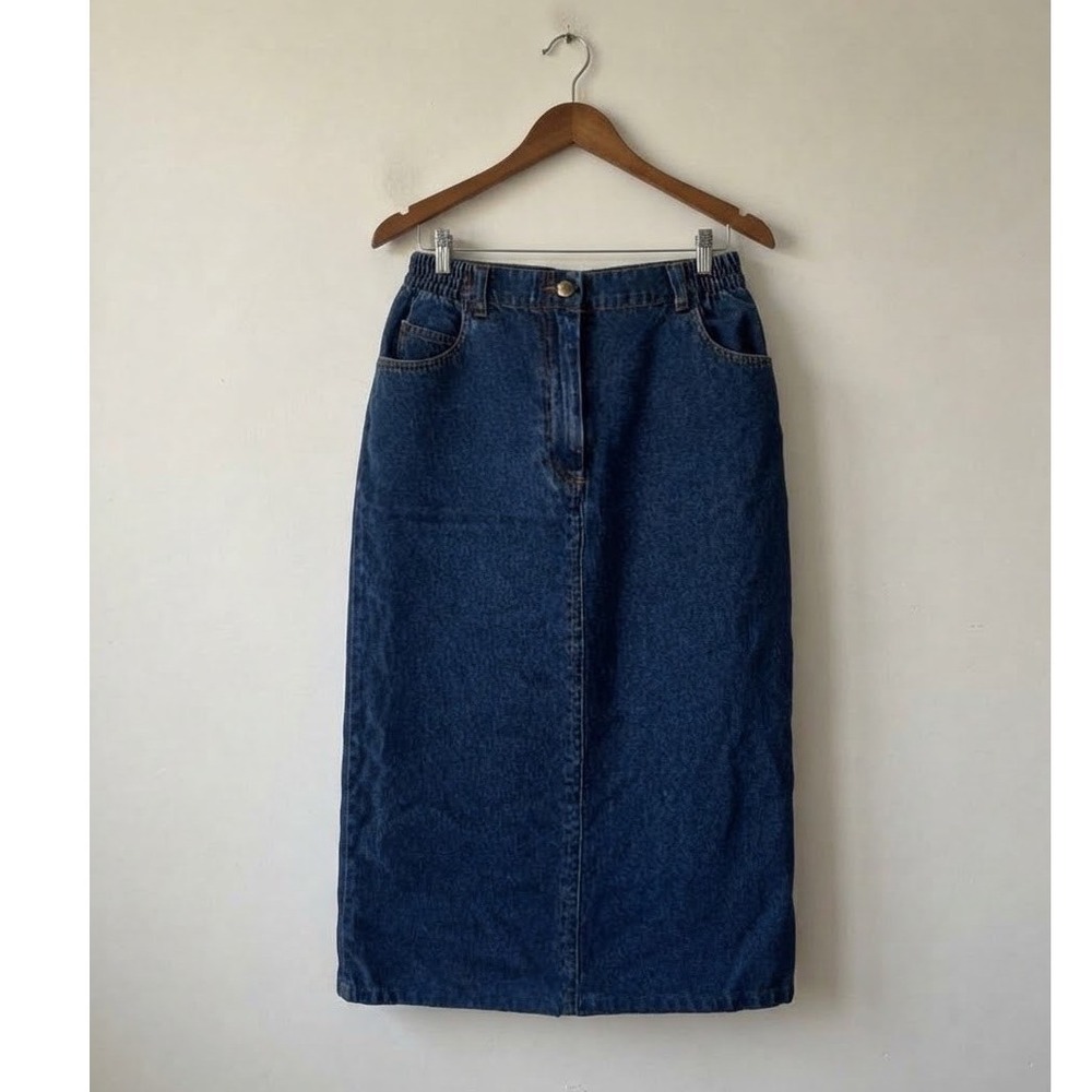 L.L.Bean Vintage Denim Midi Skirt Dark Wash Elastic Waist Cotton 10 Pet 0QT70